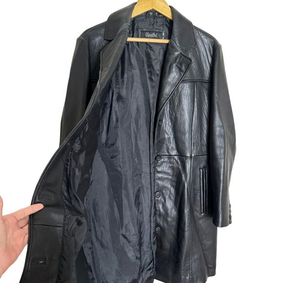 Excelled Collection Vintage Y2K Leather Trench Coat Welt Pockets Black Size L - Picture 4 of 9